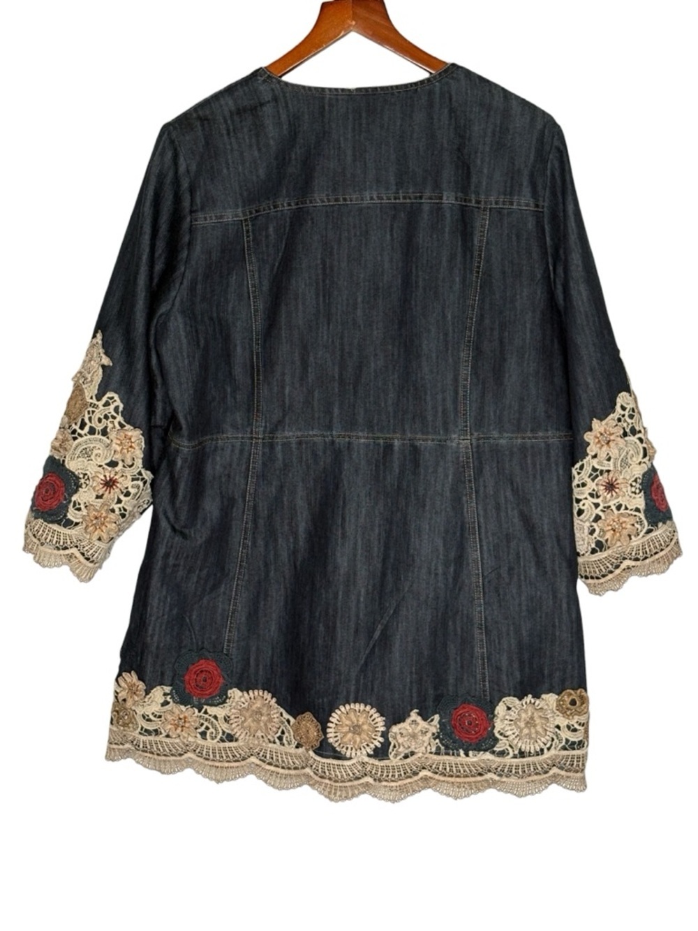 Chicos Embroidered Lace Denim Jacket Duster • Size 2 /US L • 3/4 Sleeve - Picture 6 of 15